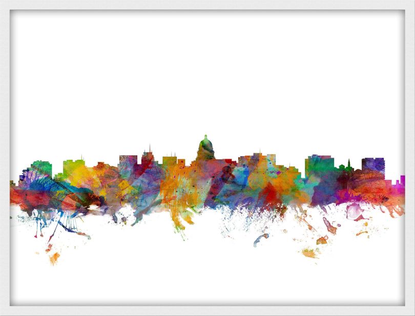 Small Madison Wisconsin Watercolour Skyline (Wood Frame - White)