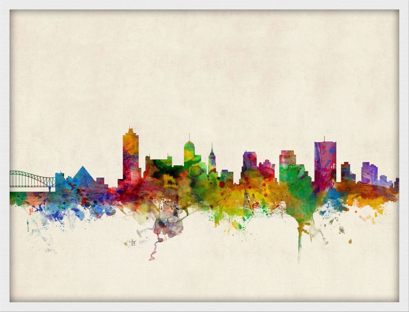 Medium Memphis Tennessee Watercolour Skyline (Wood Frame - White)
