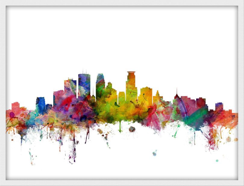 Small Minneapolis Watercolour Skyline (Wood Frame - White)