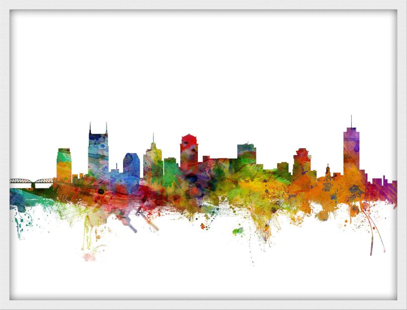 Medium Nashville Tennessee Watercolour Skyline (Wood Frame - White)