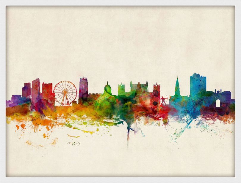 Small Nottingham England Watercolour Skyline (Wood Frame - White)