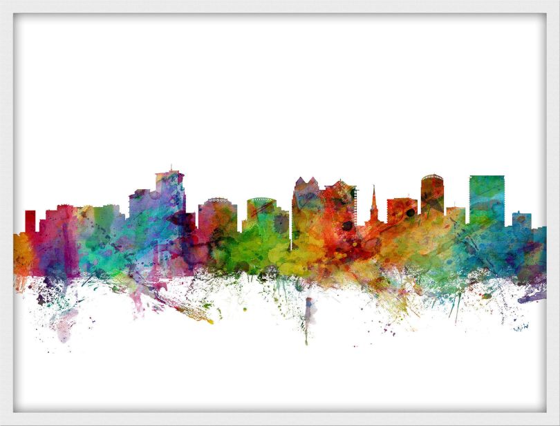 Small Orlando Florida Watercolour Skyline (Wood Frame - White)