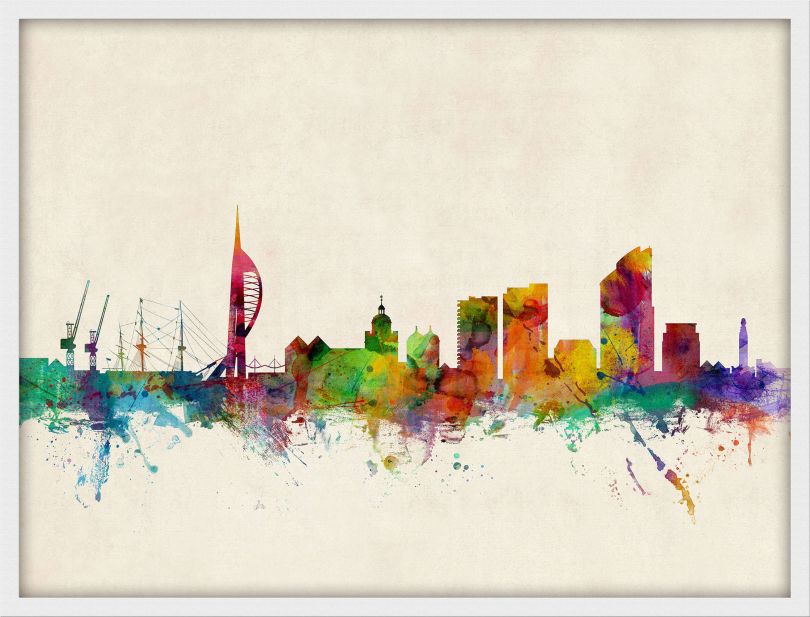 Medium Portsmouth England Watercolour Skyline (Wood Frame - White)