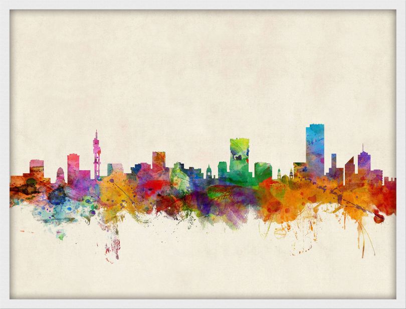 Small Pretoria South Africa Watercolour Skyline (Wood Frame - White)