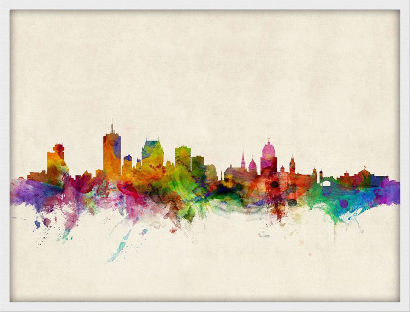 Small Quebec Canada Watercolour Skyline (Wood Frame - White)