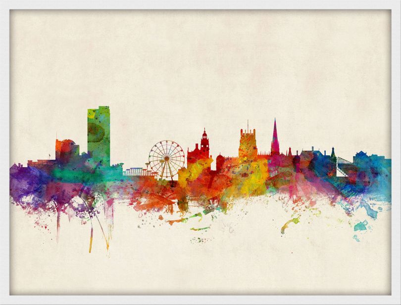 Medium Sheffield England Watercolour Skyline (Wood Frame - White)