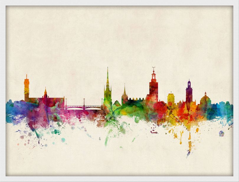Medium Stockholm Sweden Watercolour Skyline (Wood Frame - White)