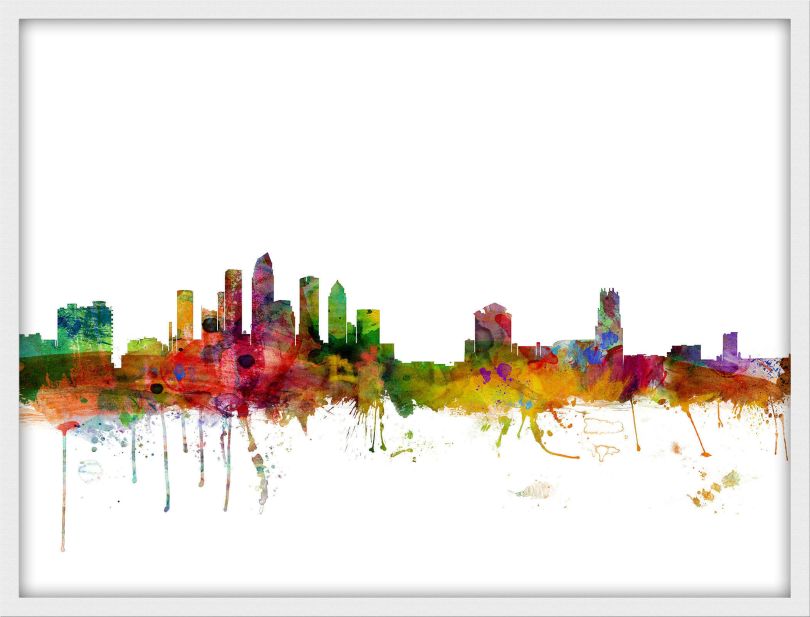 Small Tampa Watercolour Skyline (Wood Frame - White)