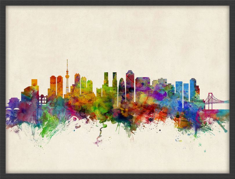Medium Tokyo Japan Watercolour Skyline (Pinboard & wood frame - Black)