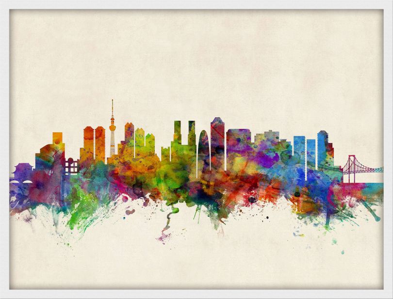 Medium Tokyo Japan Watercolour Skyline (Wood Frame - White)
