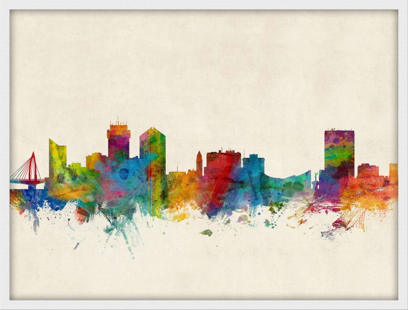 Medium Wichita Kansas Watercolour Skyline (Wood Frame - White)