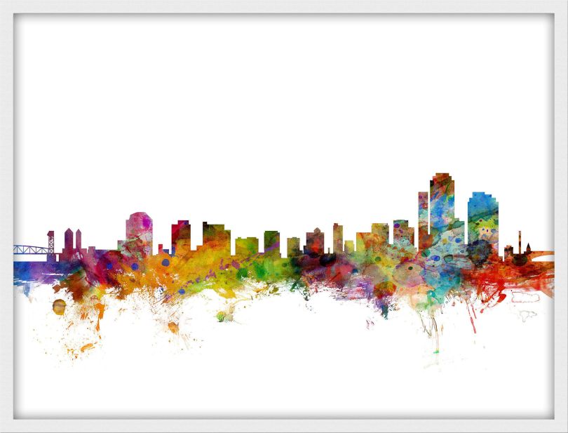 Medium Wilmington Delaware Watercolour Skyline (Wood Frame - White)