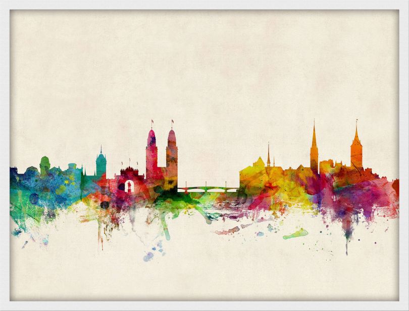 Medium Zurich Switzerland Watercolour Skyline (Wood Frame - White)