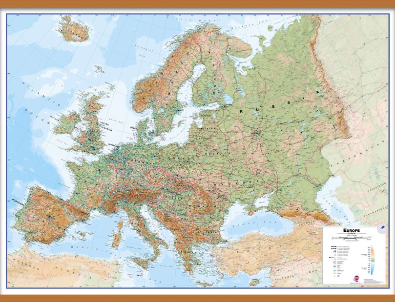 Huge Europe Wall Map Physical (Wooden hanging bars)