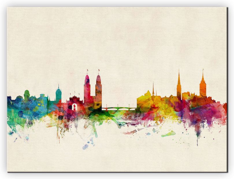 Extra Small Zurich Switzerland Watercolour Skyline (Canvas)