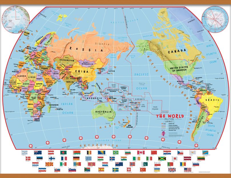 Large Primary Pacific Centred World Wall Map Political with flags (Wooden hanging bars)