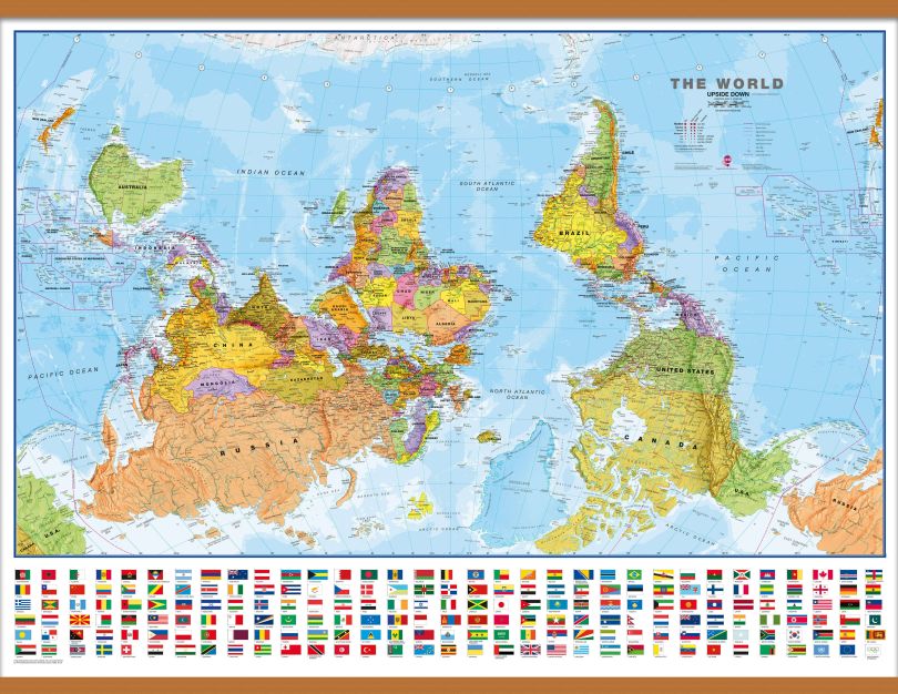 Large Upside-down World Wall Map Political with flags (Rolled Canvas with Wooden Hanging Bars)