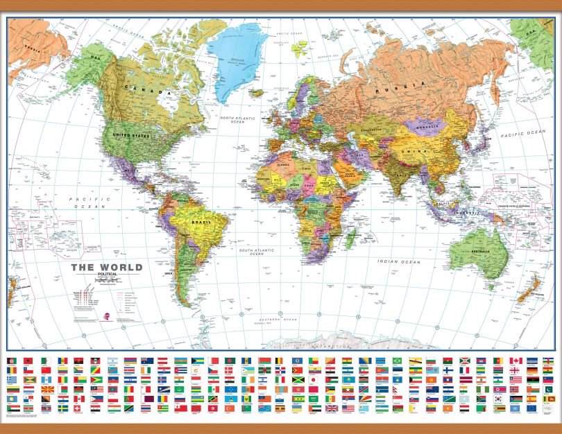 Large World Wall Map Political with flags White Ocean (Wooden hanging bars)