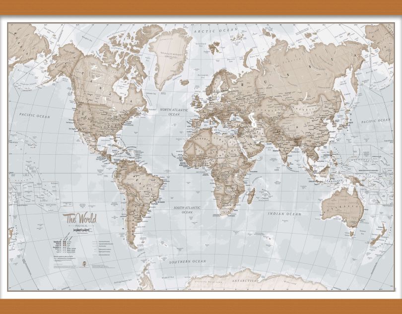 Medium The World Is Art - Wall Map Neutral (Wooden hanging bars)