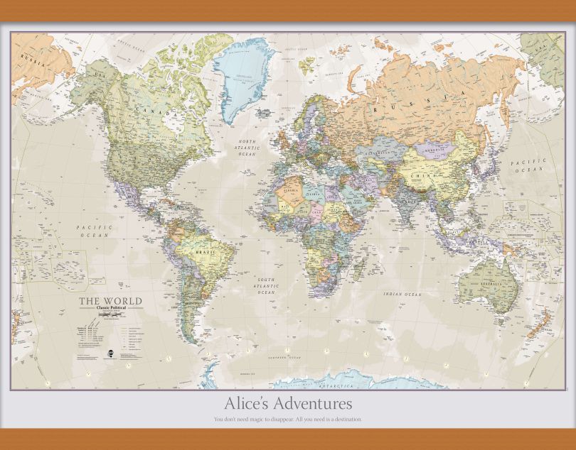 Medium Personalised Classic World Map (Rolled Canvas with Wooden Hanging Bars)