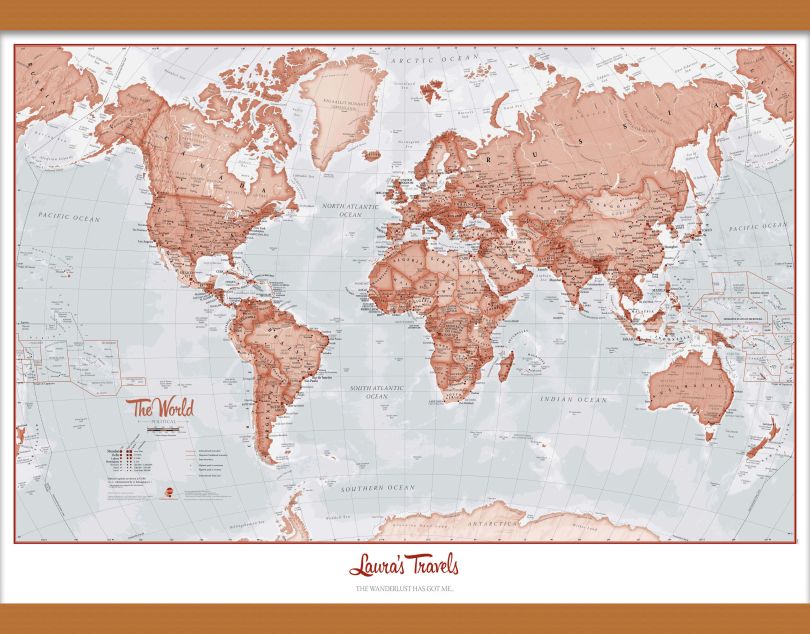 Medium Personalised World Is Art - Wall Map Red (Wooden hanging bars)