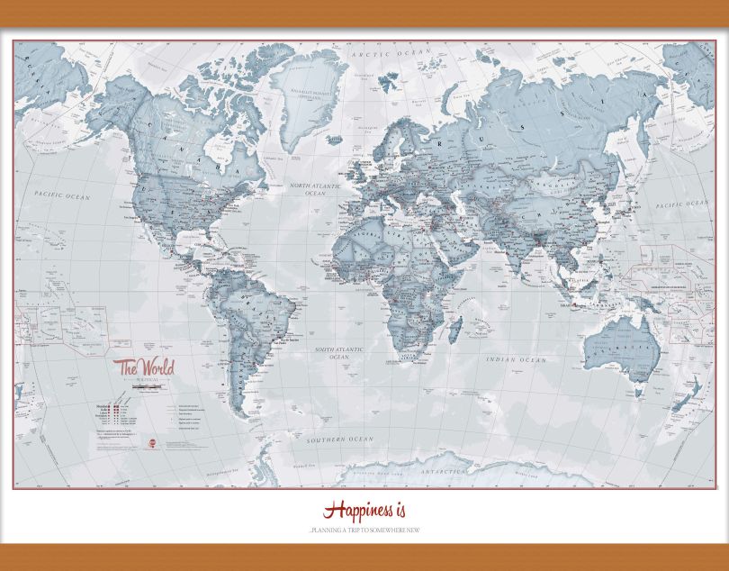 Medium Personalised World Is Art - Wall Map Teal (Wooden hanging bars)