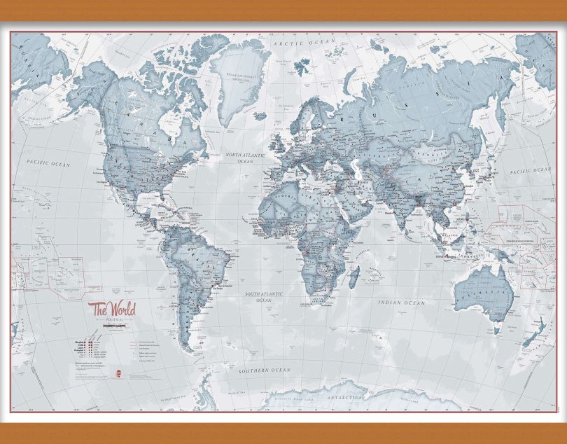 Medium The World Is Art - Wall Map Teal (Rolled Canvas with Wooden Hanging Bars)