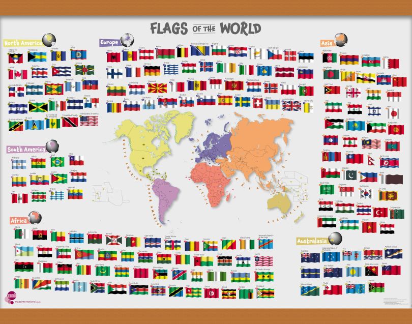 Primary Flags of the World poster (Wooden hanging bars)