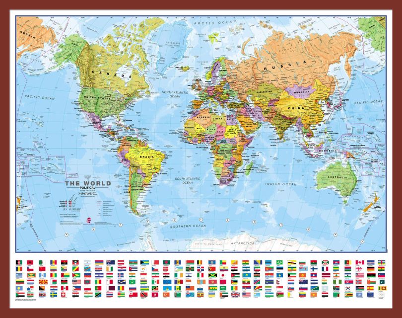 Small World Wall Map Political with flags (Pinboard & framed - Dark Oak)