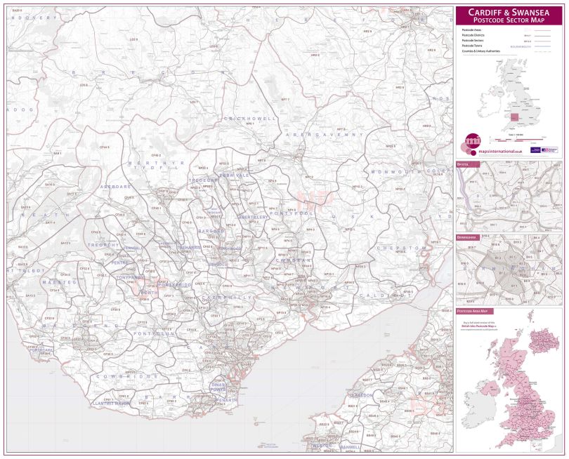 Cardiff and Swansea Postcode Sector Map