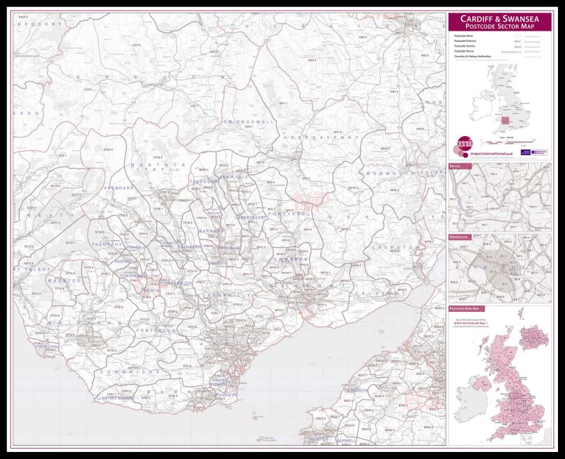 Cardiff and Swansea Postcode Sector Map (Pinboard & framed - Black)