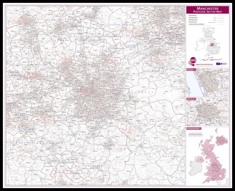 Manchester Postcode Sector Map (Pinboard & framed - Black)