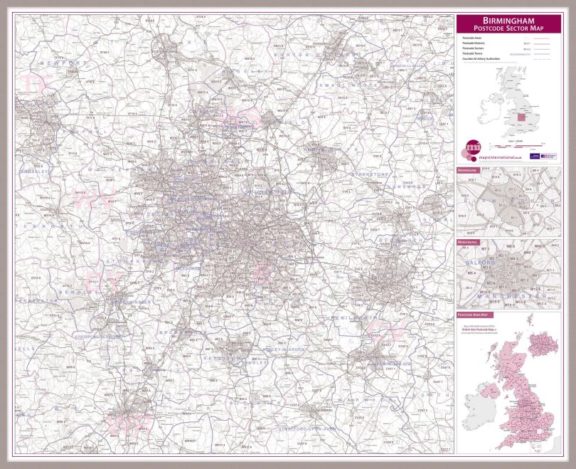 Birmingham Postcode Sector Map (Pinboard & framed - Silver)