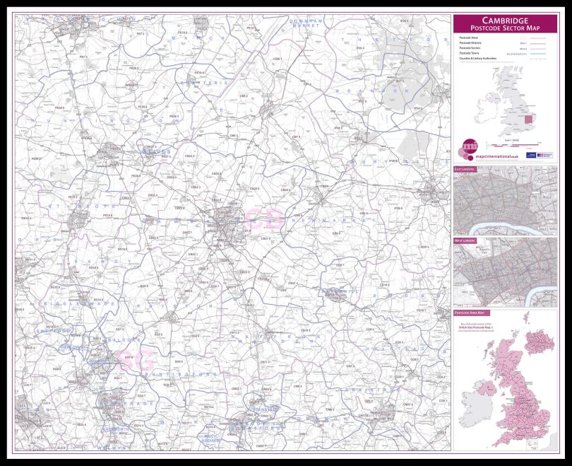 Cambridge Postcode Sector Map (Pinboard & framed - Black)