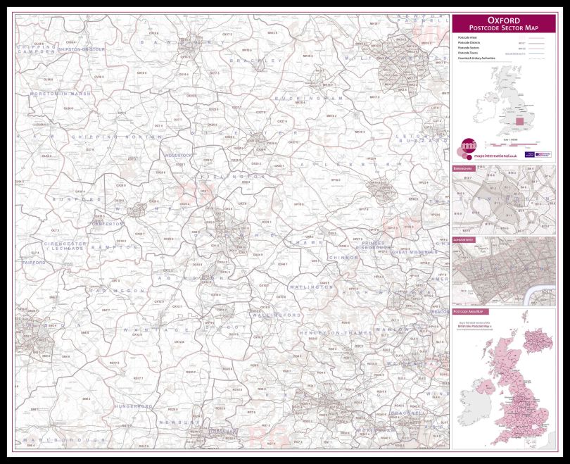 Oxford Postcode Sector Map (Pinboard & framed - Black)
