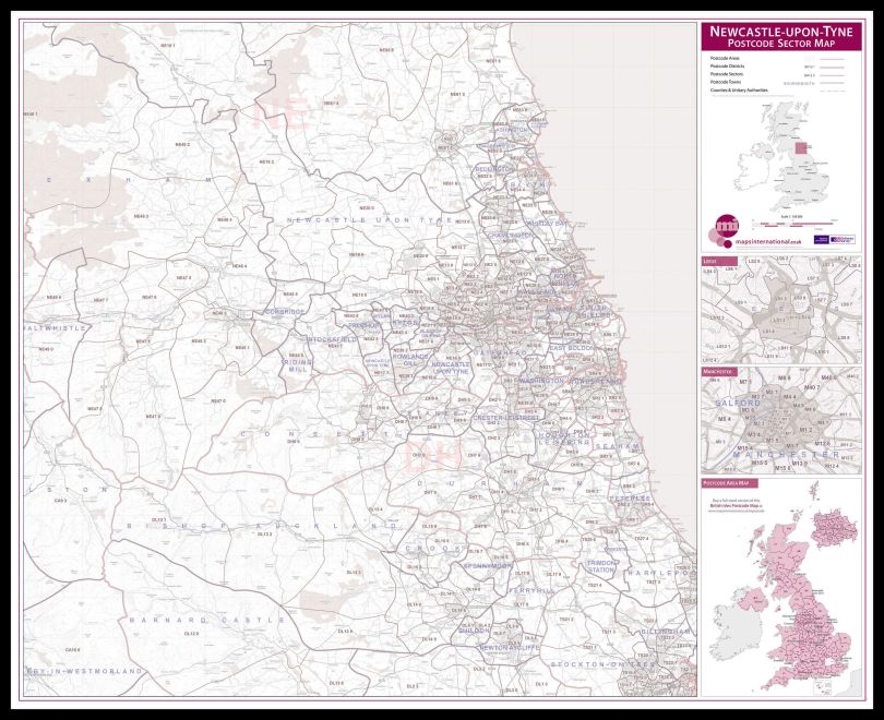 Newcastle upon Tyne, Sunderland and Durham Postcode Sector Map (Pinboard & framed - Black)