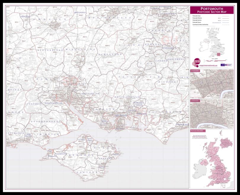 Portsmouth, Southampton and Isle of Wight Postcode Sector Map (Pinboard & framed - Black)