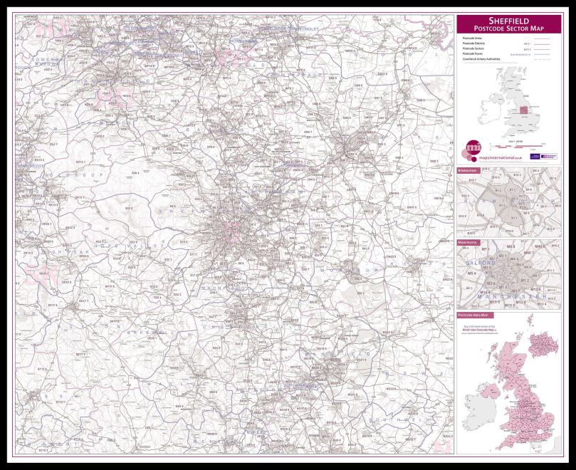 Sheffield Postcode Sector Map (Pinboard & framed - Black)