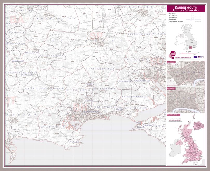 Bournemouth Postcode Sector Map (Pinboard & framed - Silver)