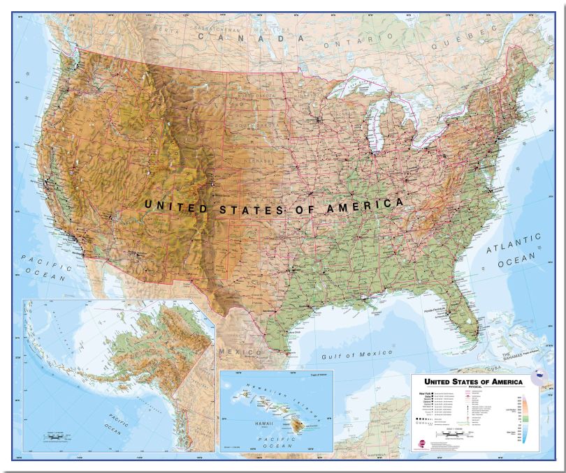 Large USA Wall Map Physical (Pinboard)