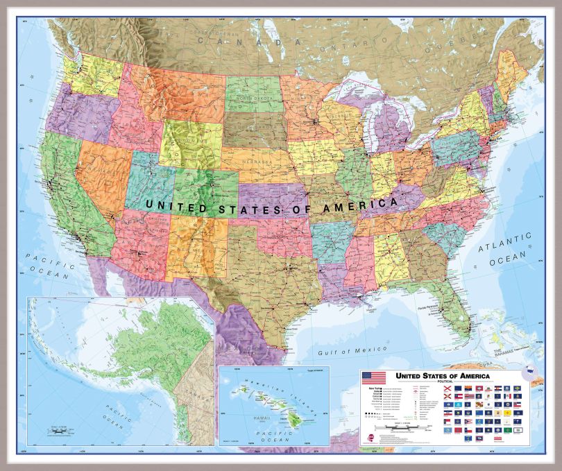 Large USA Wall Map Political (Pinboard & framed - Silver)