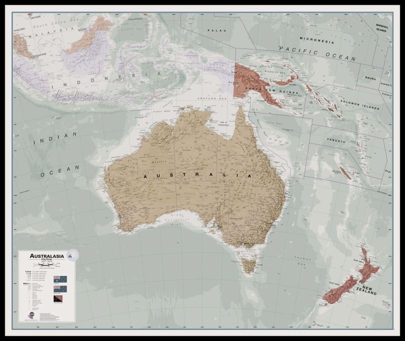 Large Executive Australasia Wall Map Political (Pinboard & framed - Black)