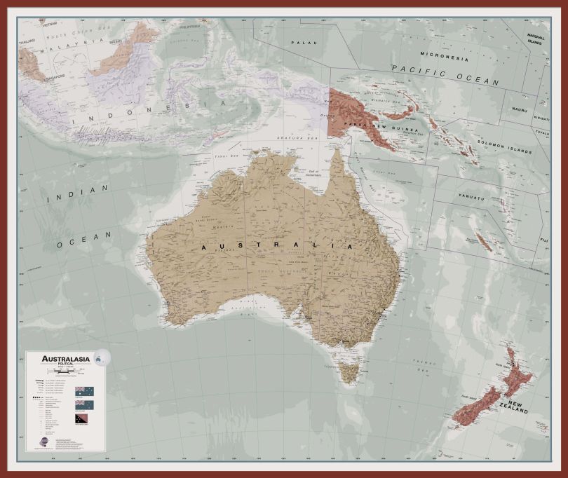 Large Executive Australasia Wall Map Political (Pinboard & framed - Dark Oak)