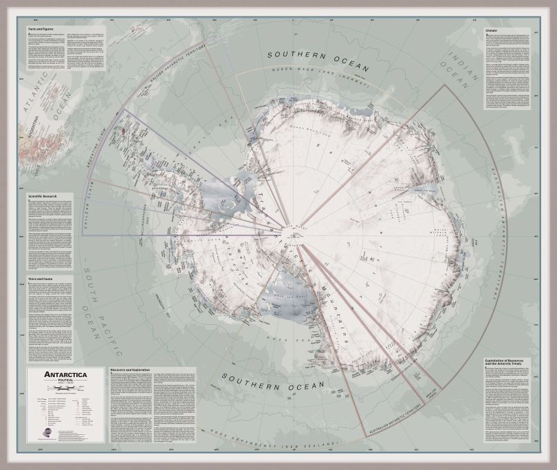 Large Executive Antarctica Wall Map Political (Pinboard & framed - Silver)