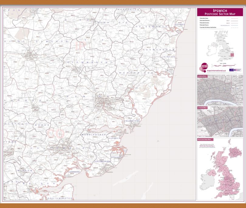 Ipswich Postcode Sector Map (Wooden hanging bars)
