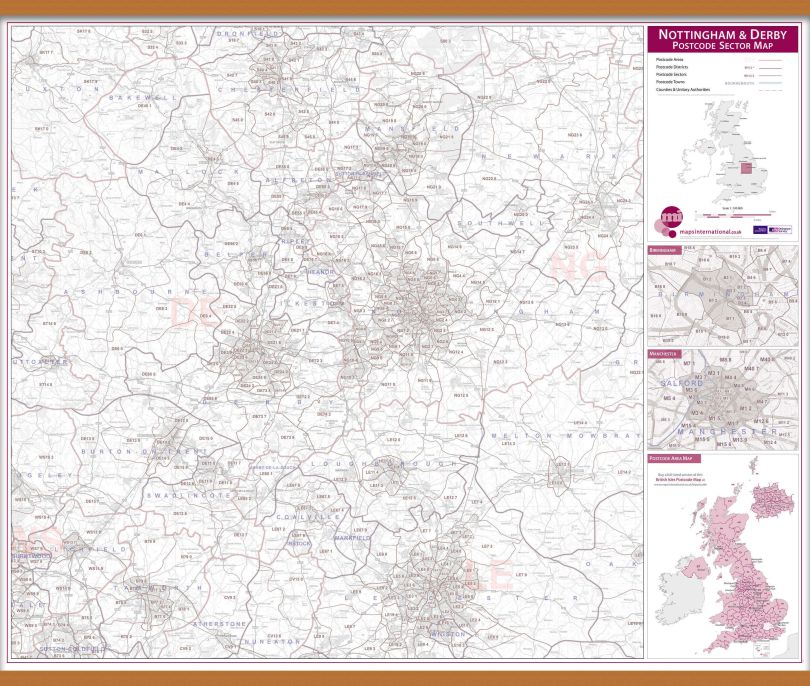 Nottingham and Derby Postcode Sector Map (Wooden hanging bars)