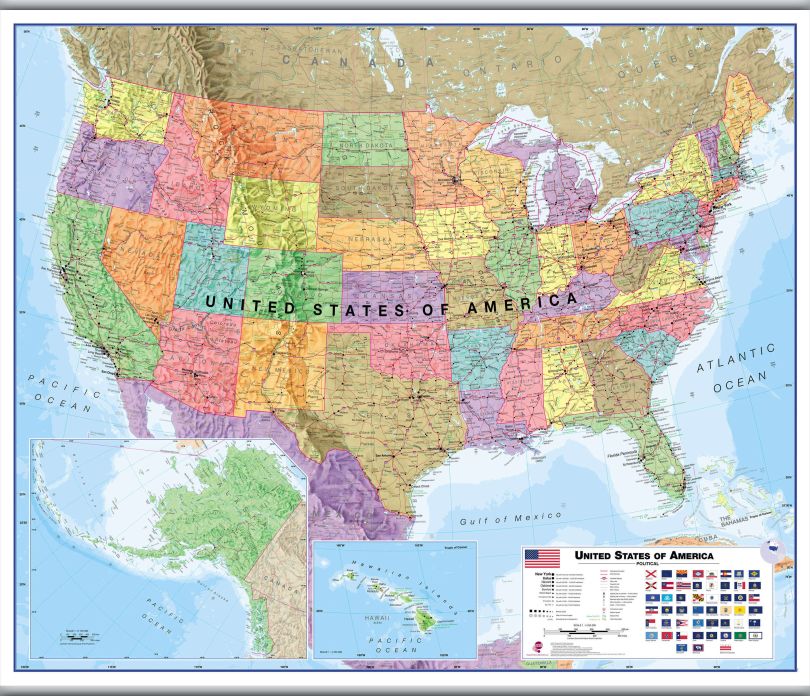 Large USA Wall Map Political (Hanging bars)