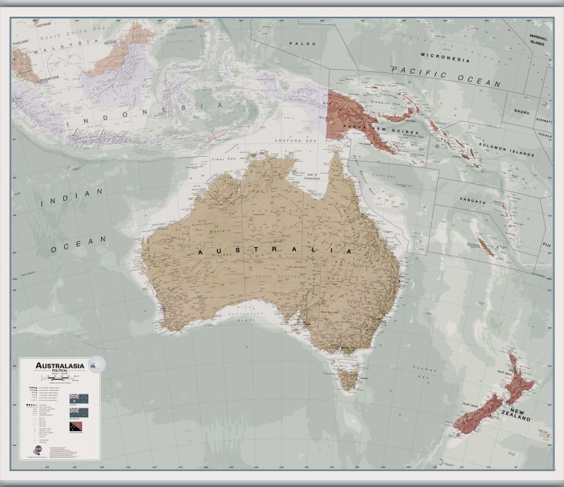 Large Executive Australasia Wall Map Political (Rolled Canvas with Hanging Bars)