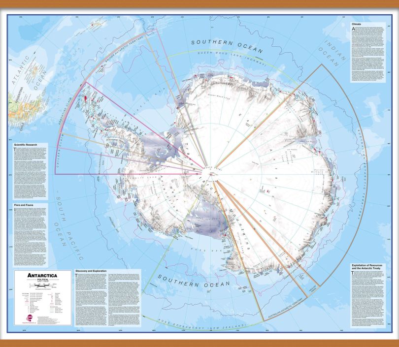 Huge Antarctica Wall Map Political (Wooden hanging bars)