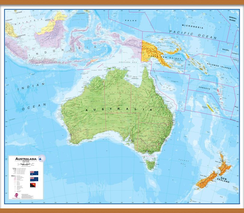 Large Australasia Wall Map Political (Wooden hanging bars)